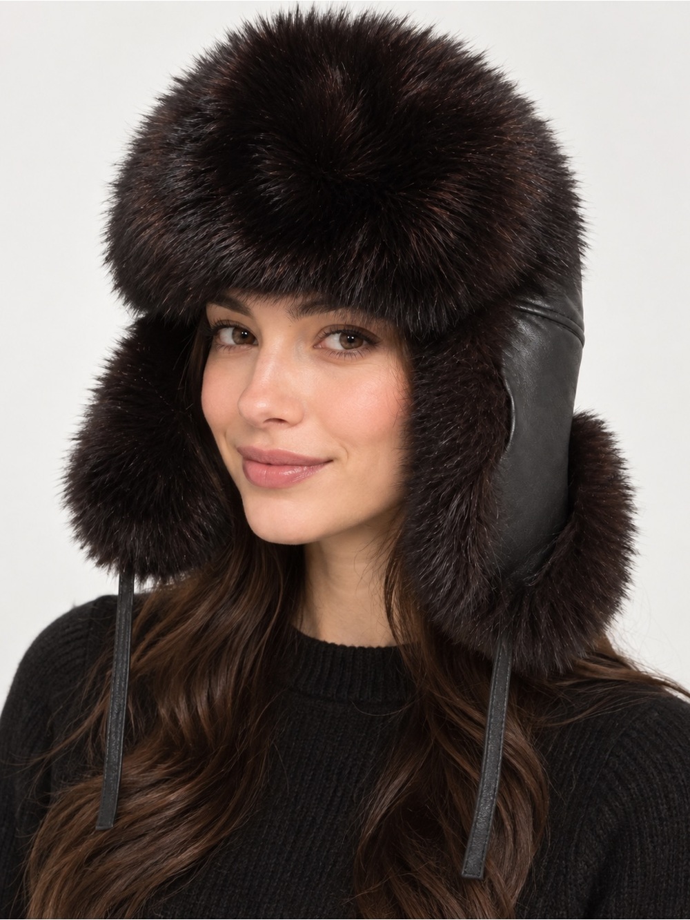 Luxury Black Fur & Leather Trapper Hat Aviator Winter Hat Excellent Condition